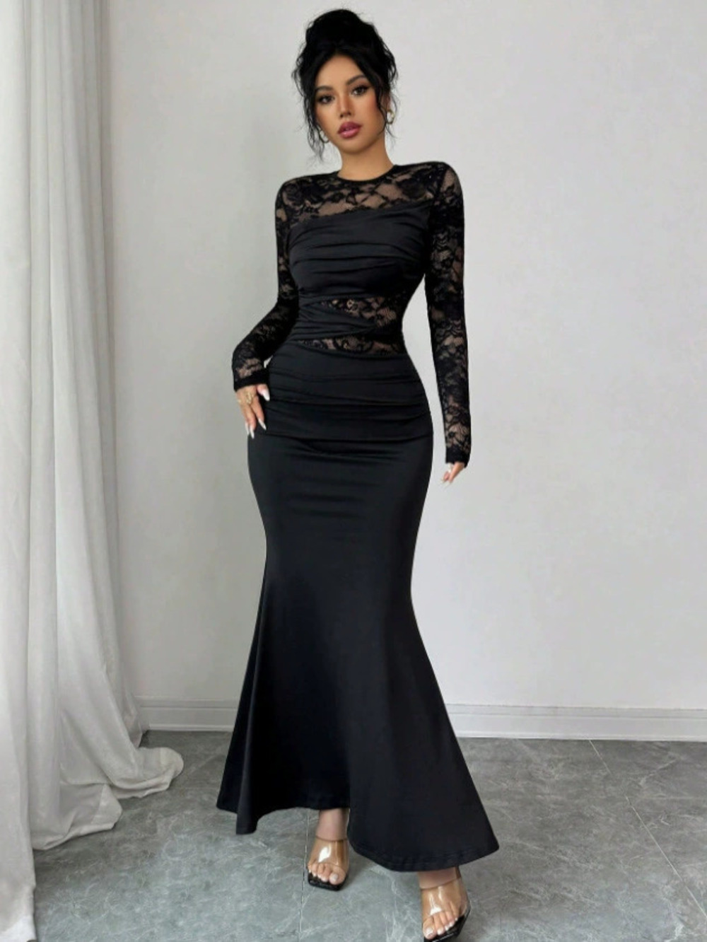 Zara Lace Sheer Bodycon Fishtail Maxi Dress Round Neck Long Sleeve Waist Cutout